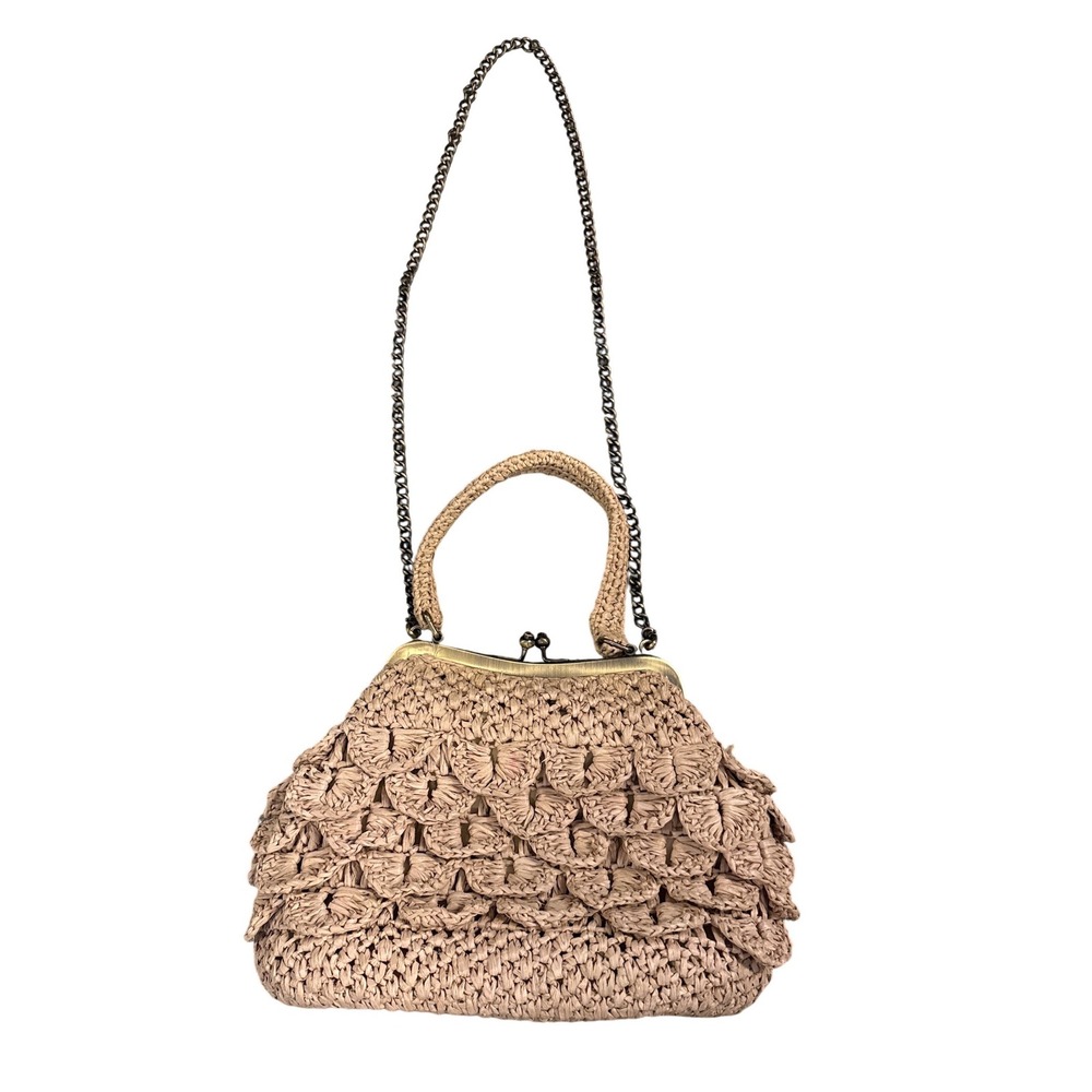 Patricia Nash Straw Frame Bag Women Tan‎ Crochet Tiered Kiss Lock Crossbody